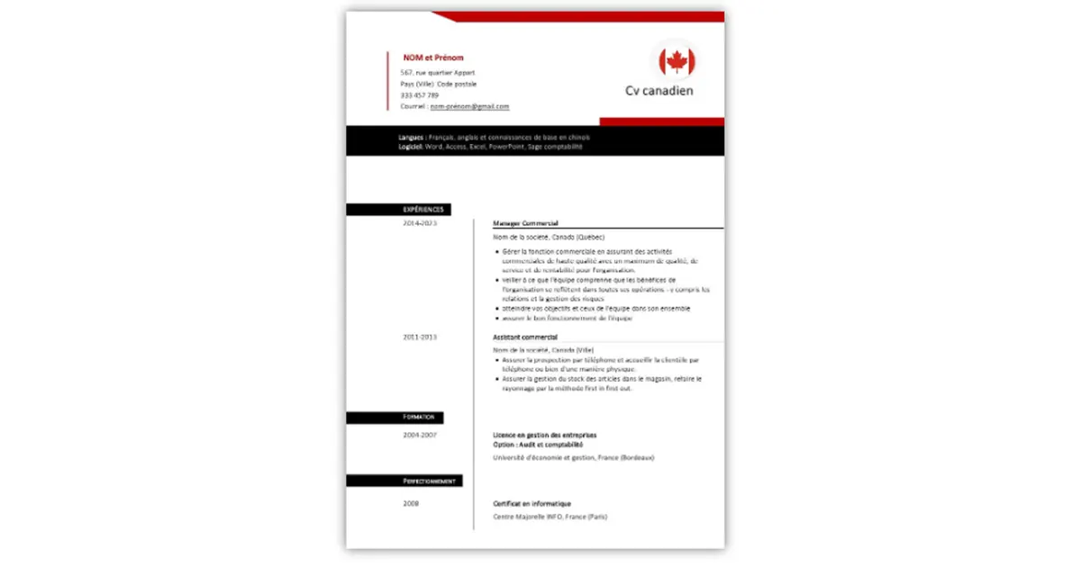 Exemple de Cv Canadien Gratuit 2023 word